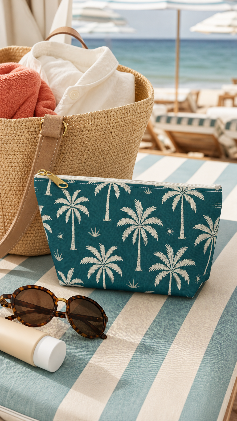 Teal Palm Cosmetic Travel Pouch - French Riviera