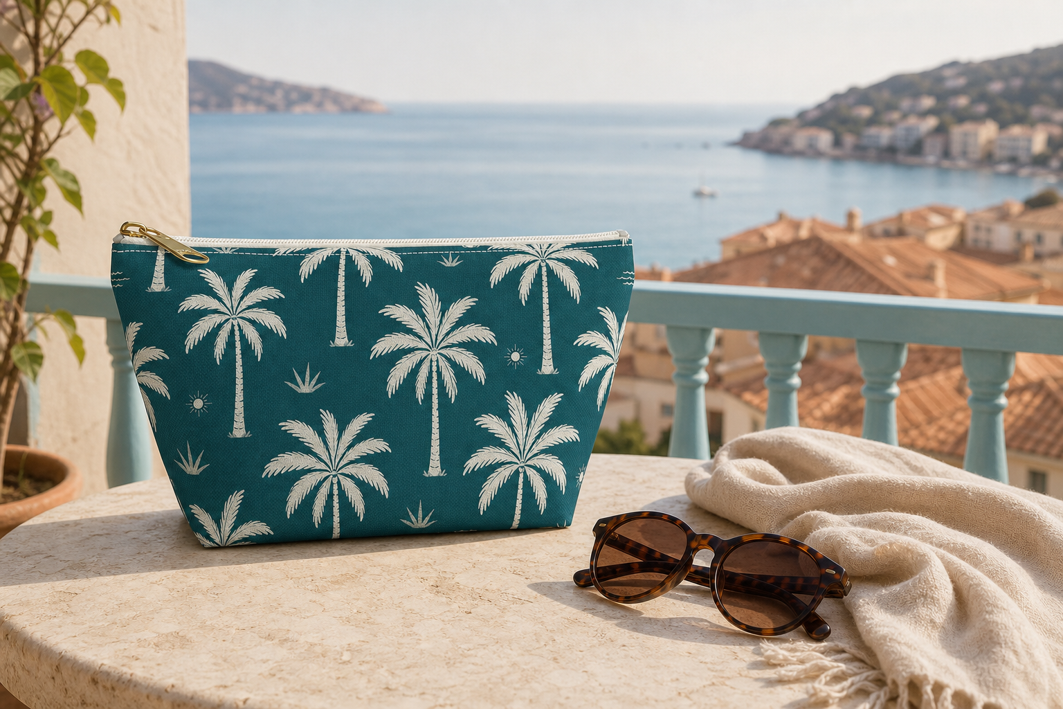 Teal Palm Cosmetic Travel Pouch - French Riviera