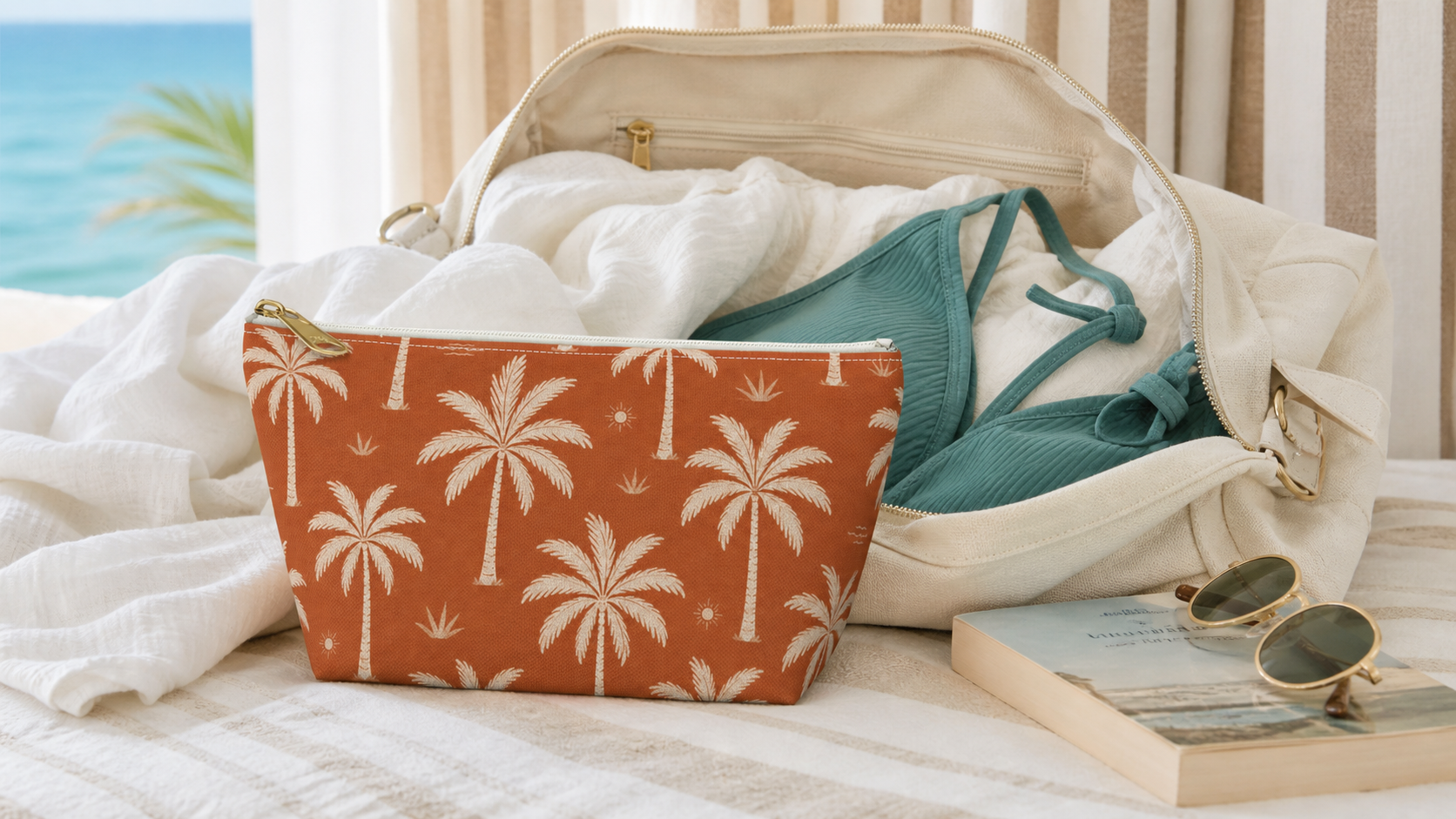 Tropical Palm Terracotta Cosmetic Travel Pouch - French Riviera