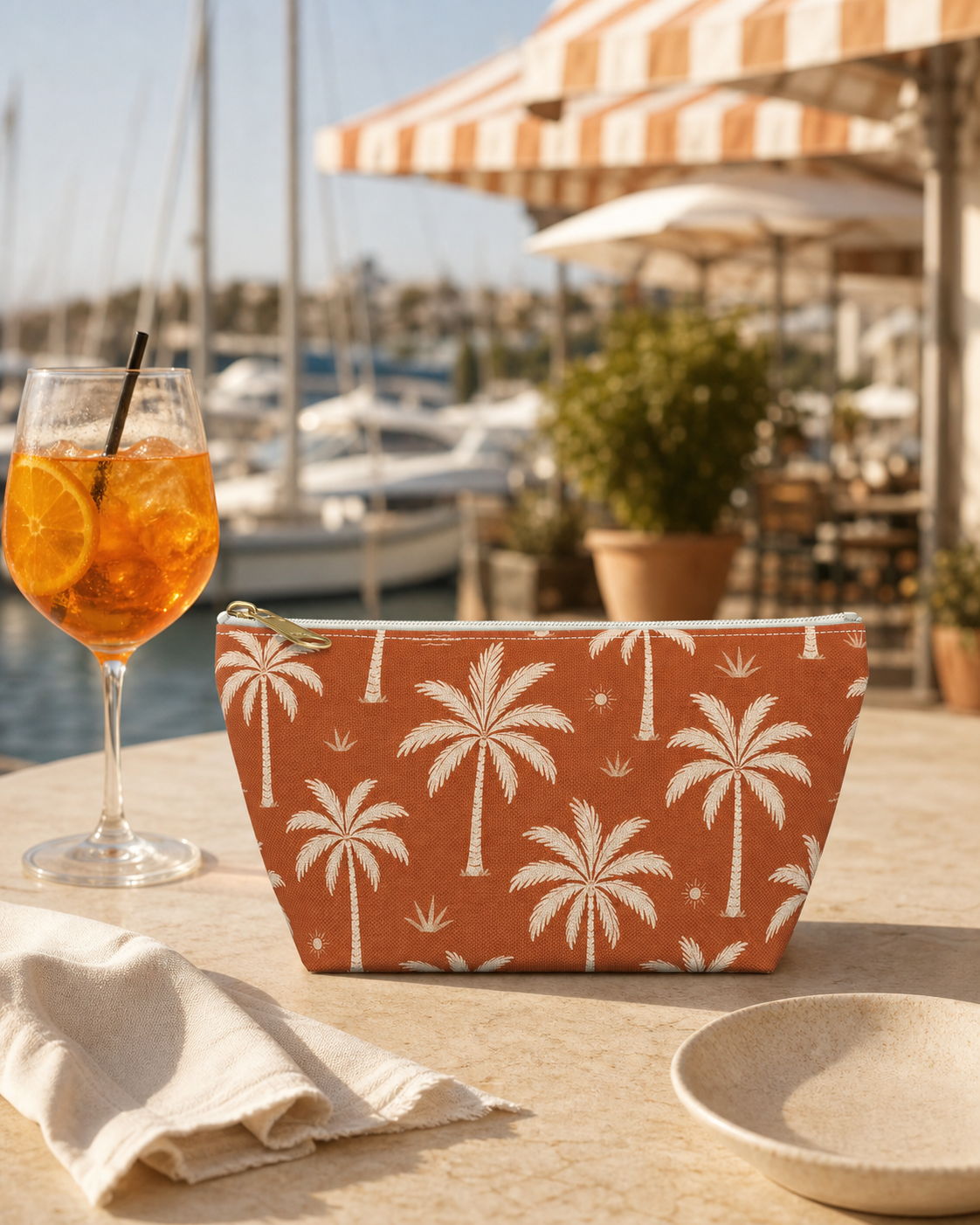 Tropical Palm Terracotta Cosmetic Travel Pouch - French Riviera