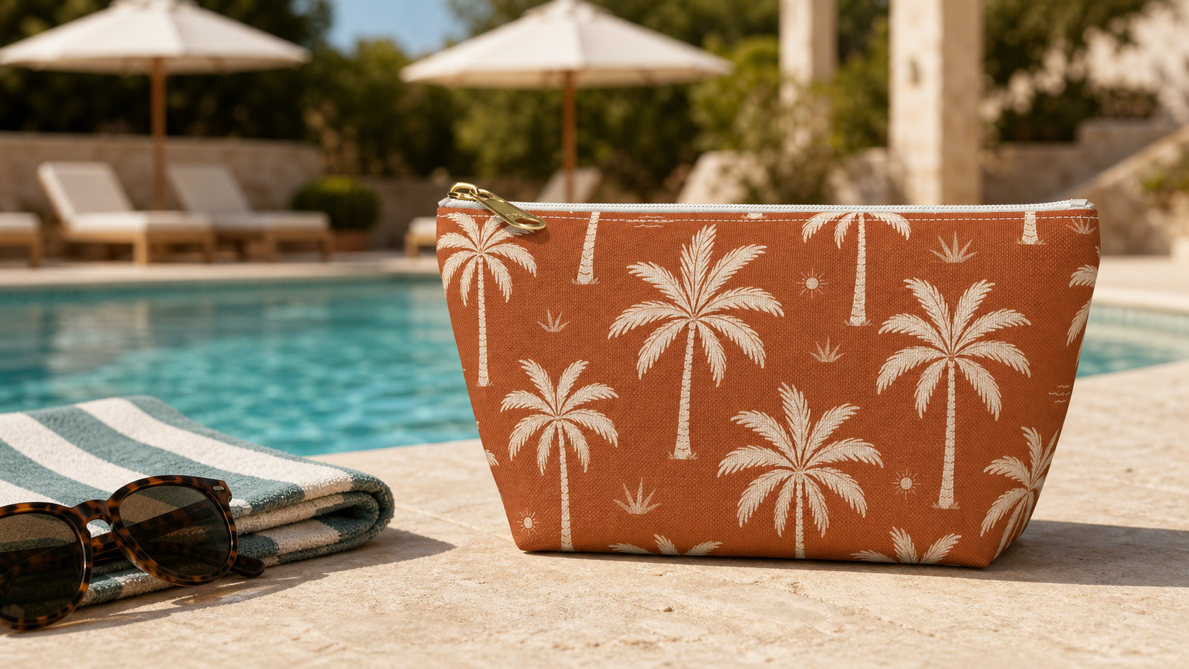 Tropical Palm Terracotta Cosmetic Travel Pouch - French Riviera