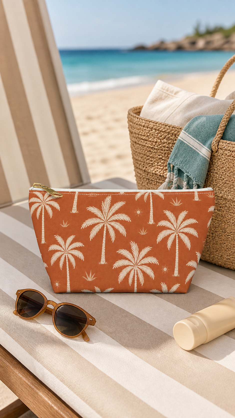 Tropical Palm Terracotta Cosmetic Travel Pouch - French Riviera