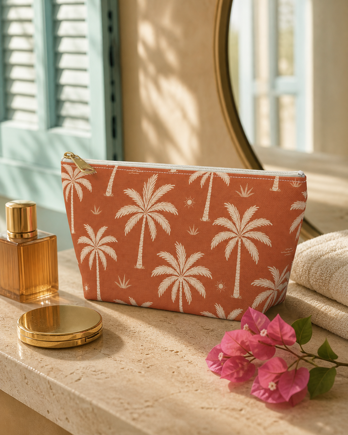 Tropical Palm Terracotta Cosmetic Travel Pouch - French Riviera