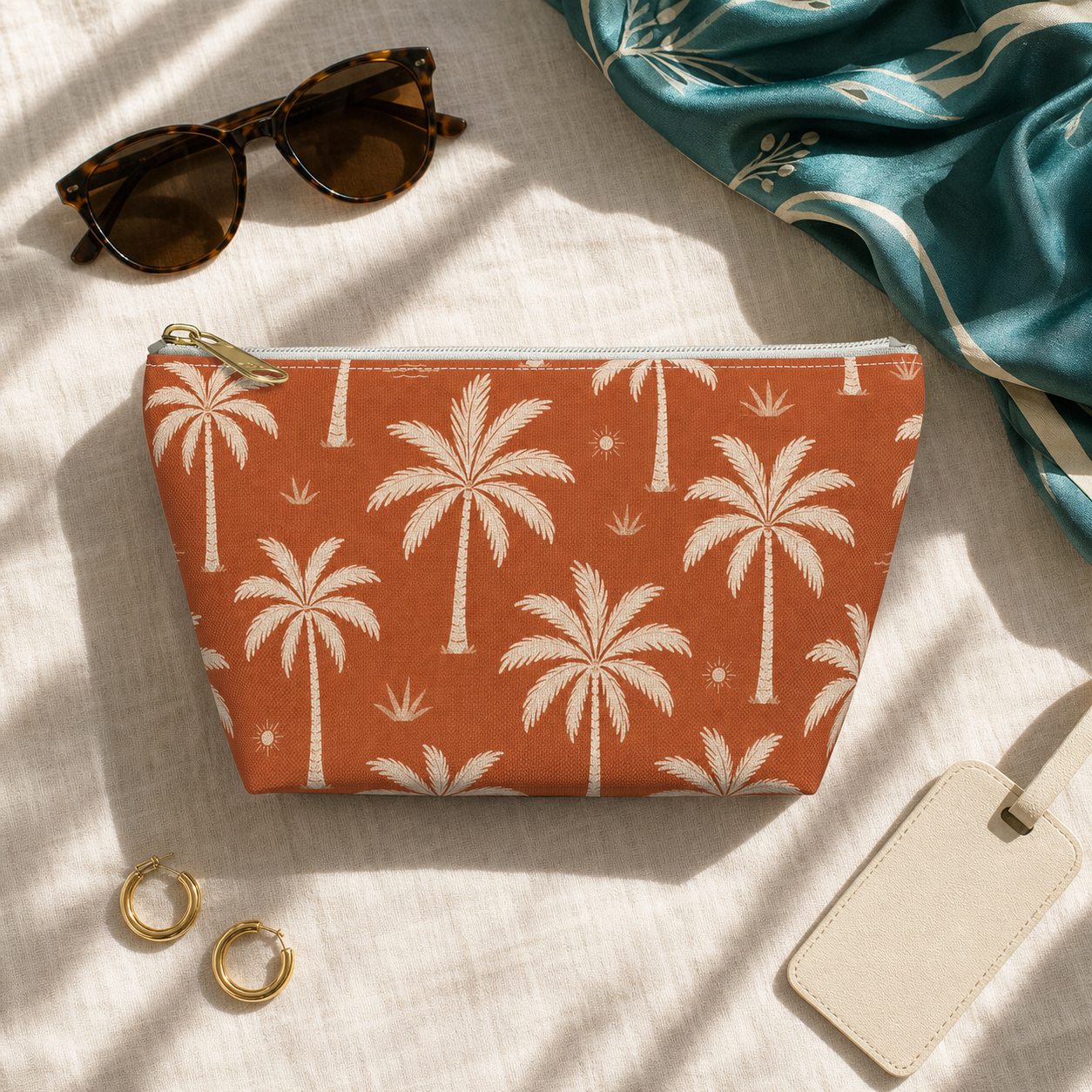 Tropical Palm Terracotta Cosmetic Travel Pouch - French Riviera