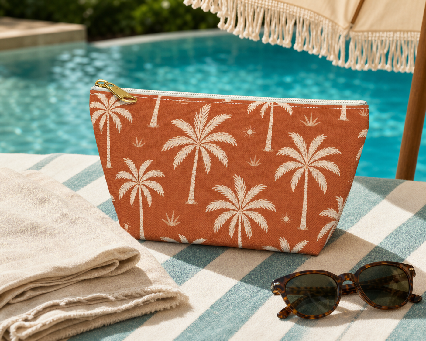 Tropical Palm Terracotta Cosmetic Travel Pouch - French Riviera