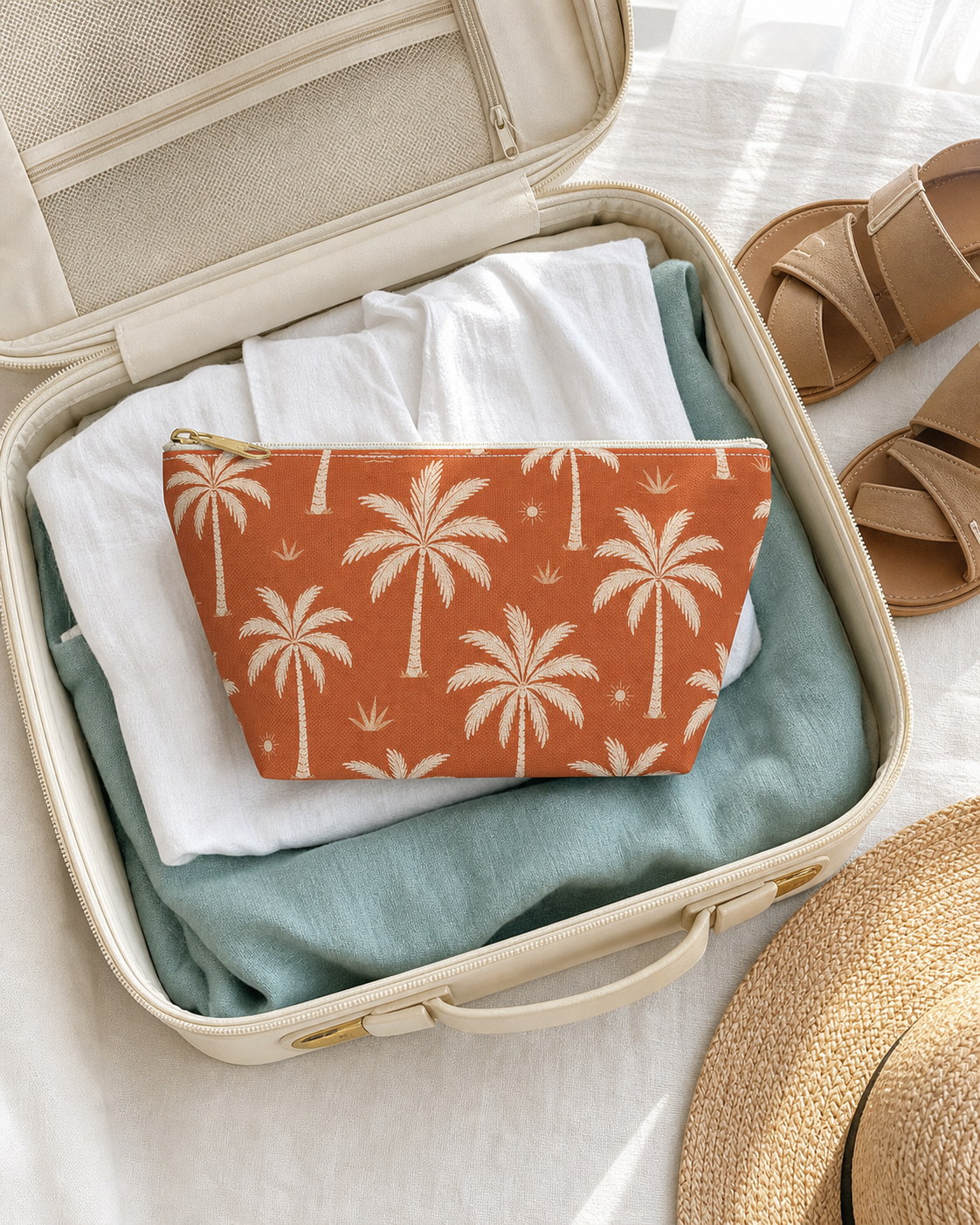 Tropical Palm Terracotta Cosmetic Travel Pouch - French Riviera