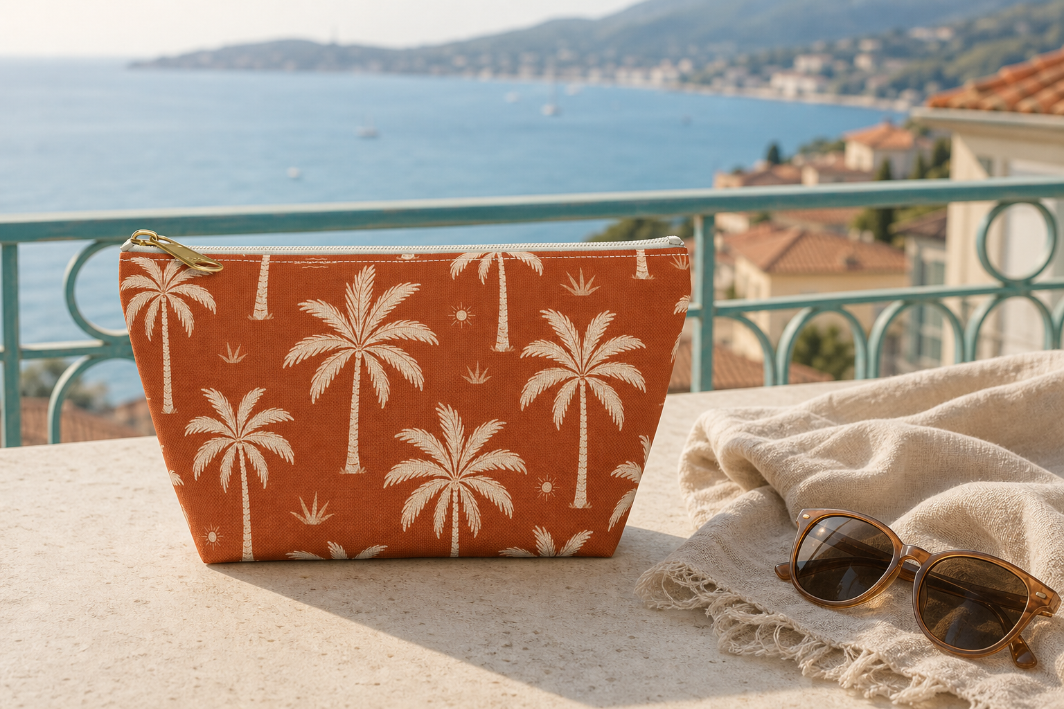 Tropical Palm Terracotta Cosmetic Travel Pouch - French Riviera