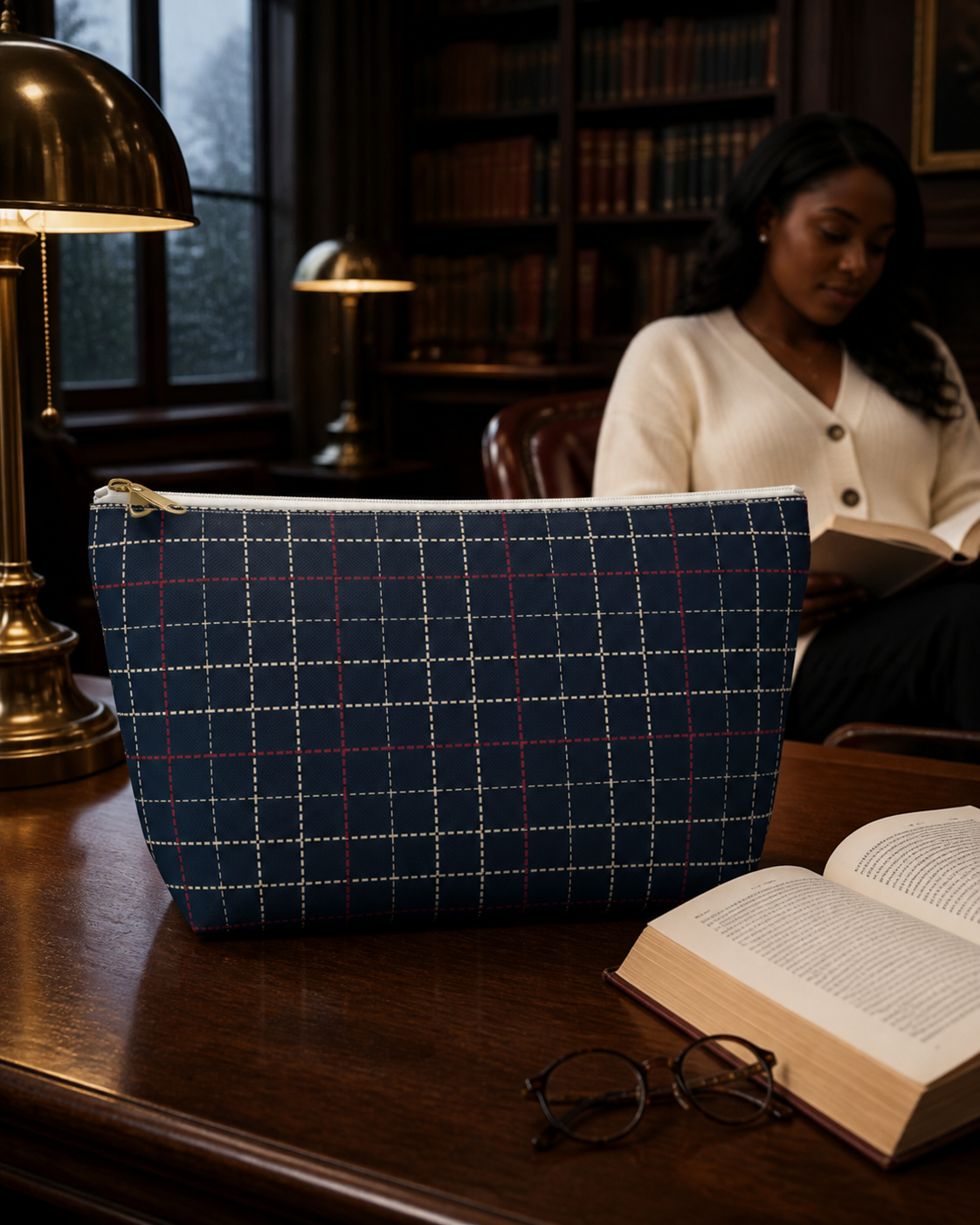 Navy Grid Plaid Accessory Pouch