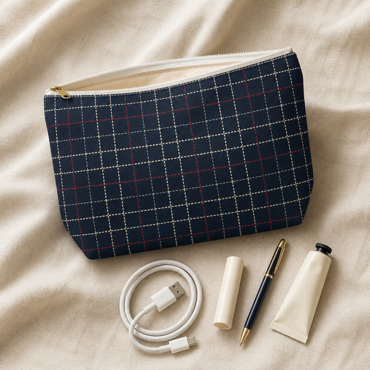 Navy Grid Plaid Accessory Pouch