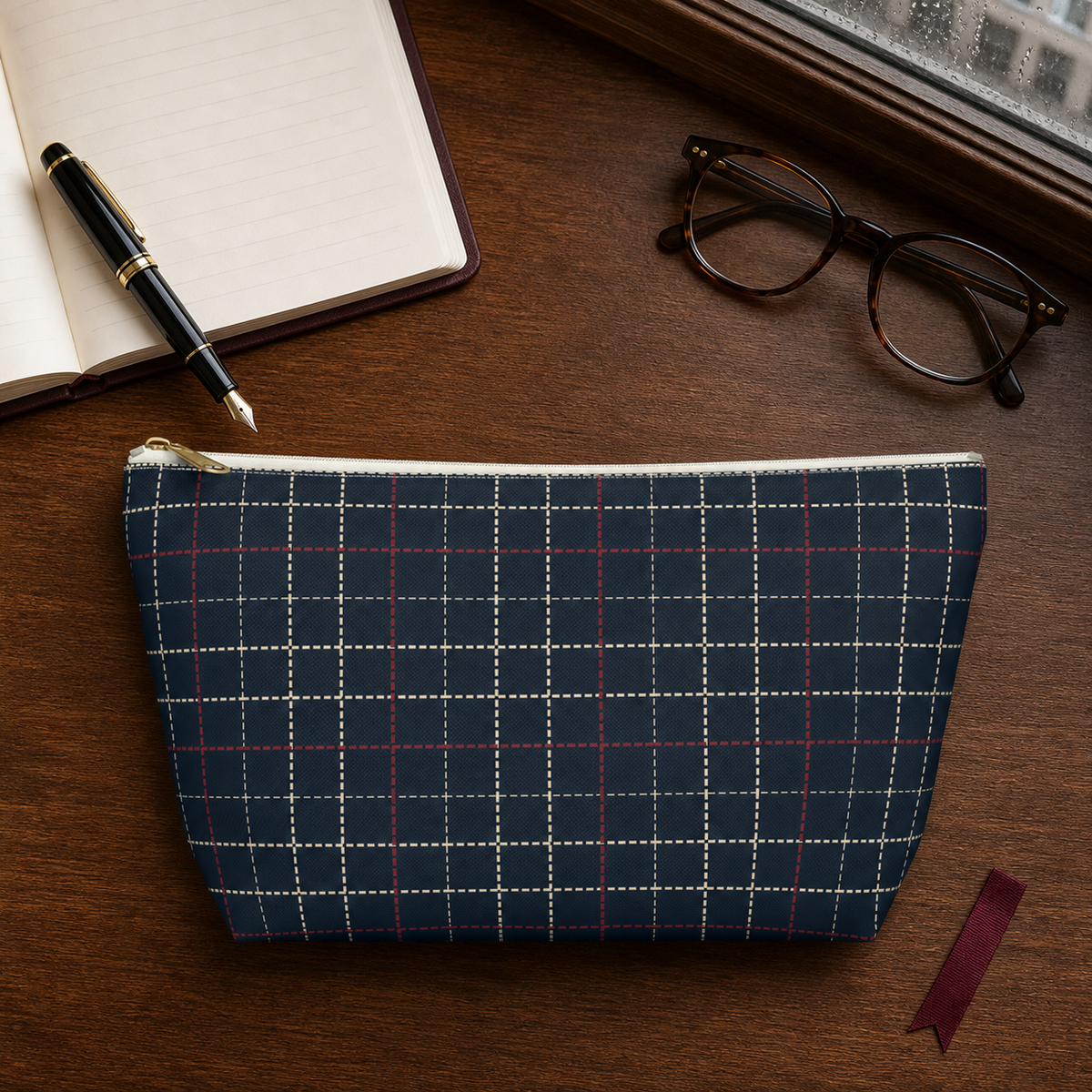 Navy Grid Plaid Accessory Pouch