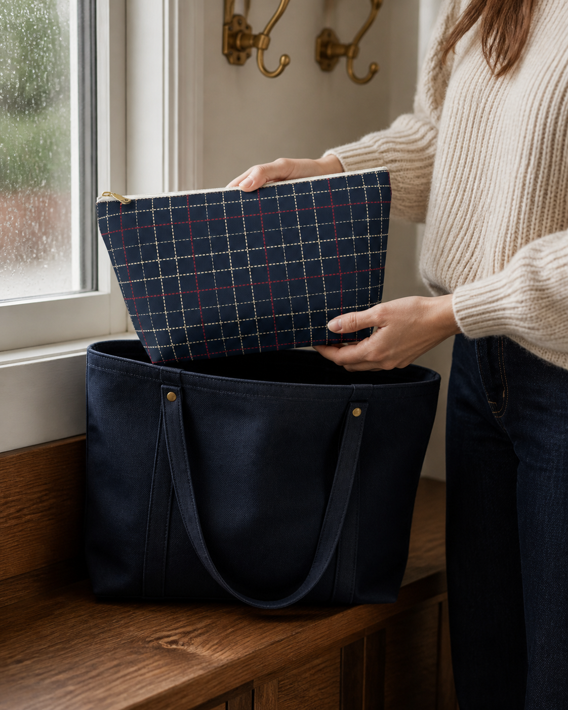Navy Grid Plaid Accessory Pouch