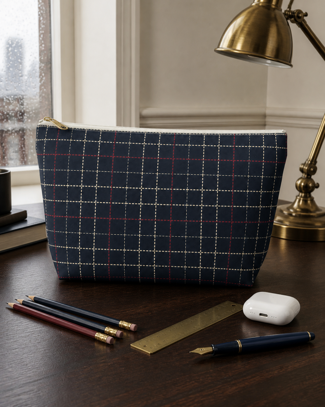 Navy Grid Plaid Accessory Pouch
