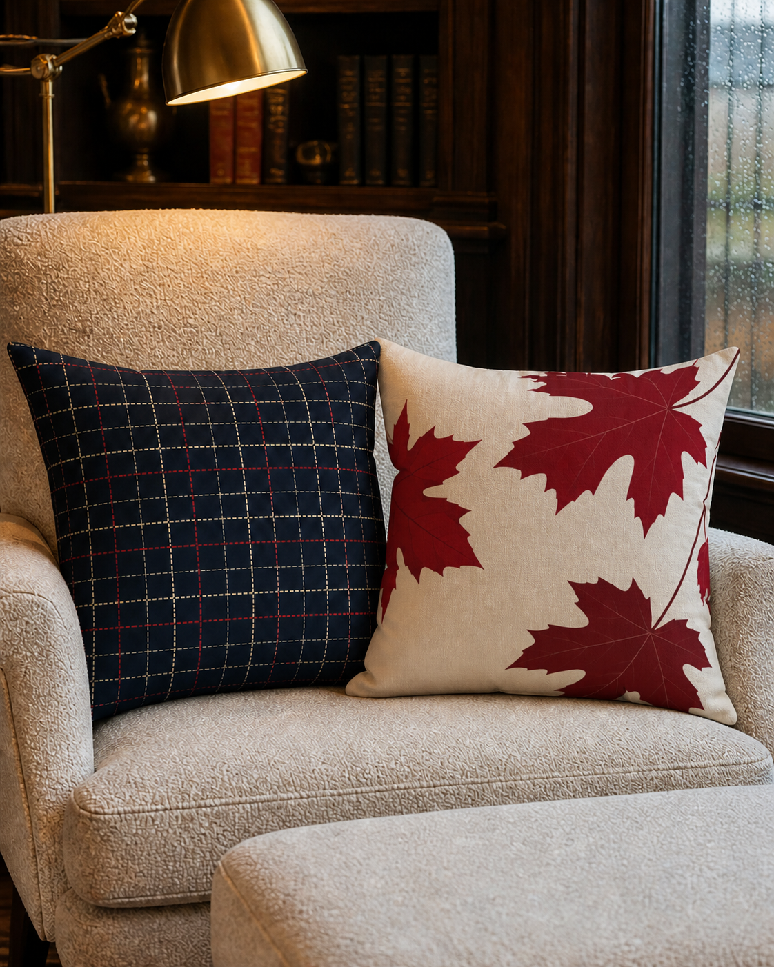 Navy Plaid and Autumn Leaves Reversible Throw Pillow