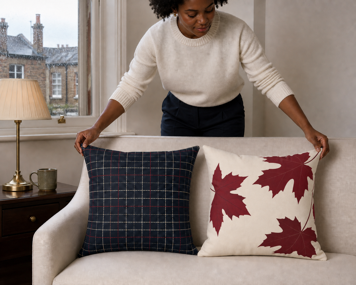 Navy Plaid and Autumn Leaves Reversible Throw Pillow
