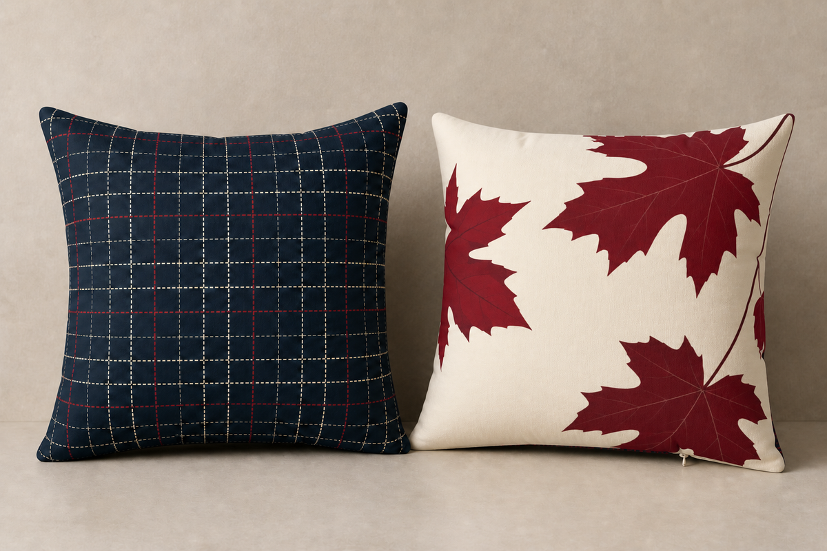 Navy Plaid and Autumn Leaves Reversible Throw Pillow