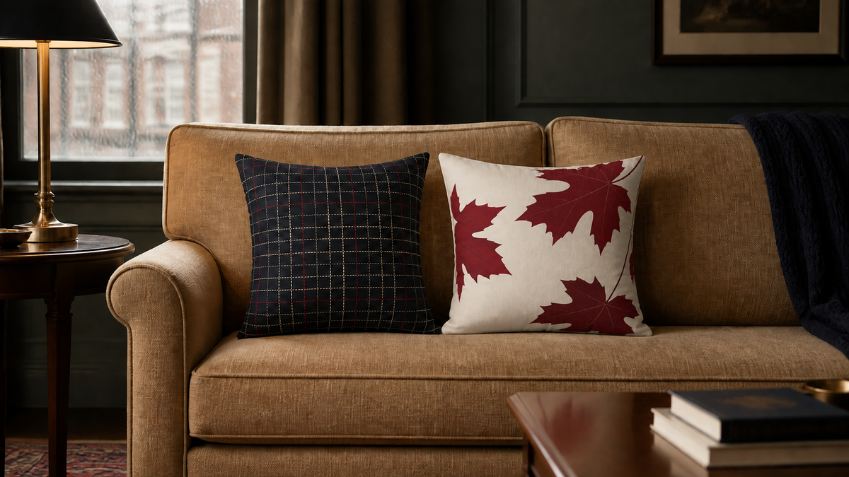 Navy Plaid and Autumn Leaves Reversible Throw Pillow