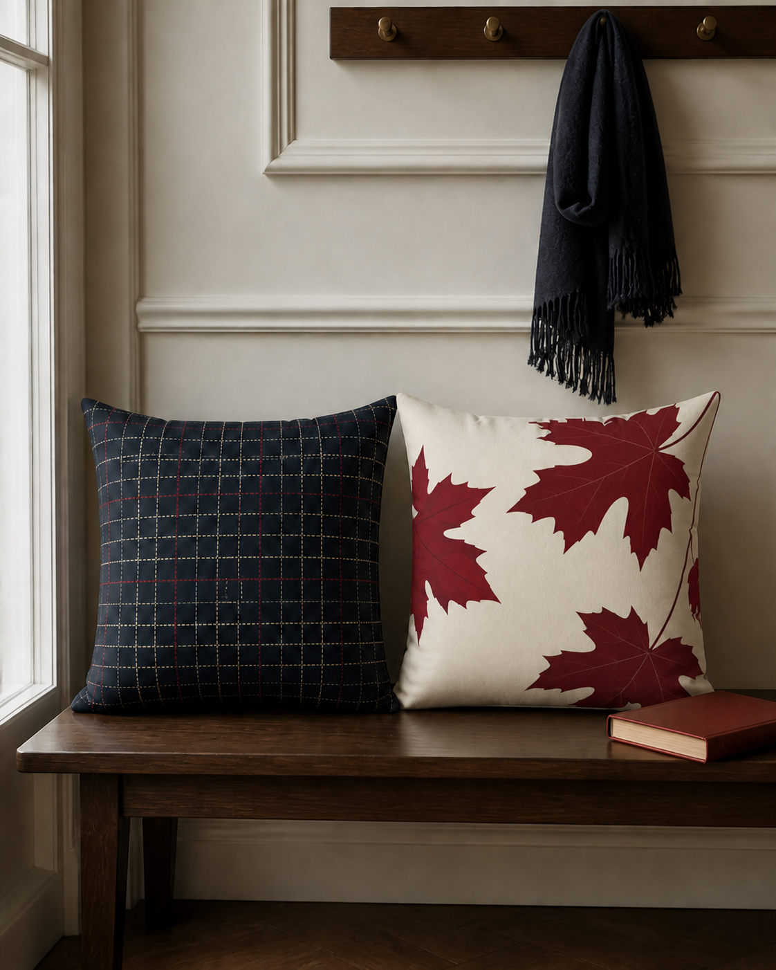 Navy Plaid and Autumn Leaves Reversible Throw Pillow