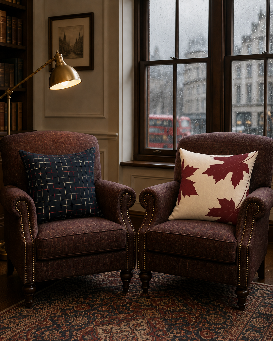 Navy Plaid and Autumn Leaves Reversible Throw Pillow