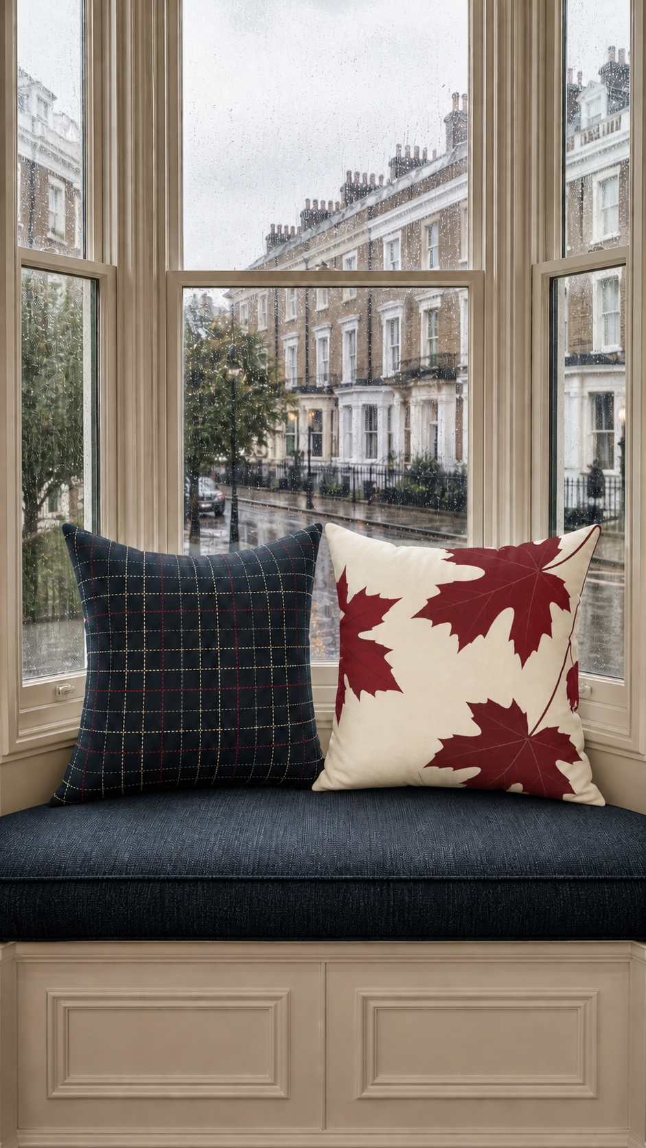 Navy Plaid and Autumn Leaves Reversible Throw Pillow