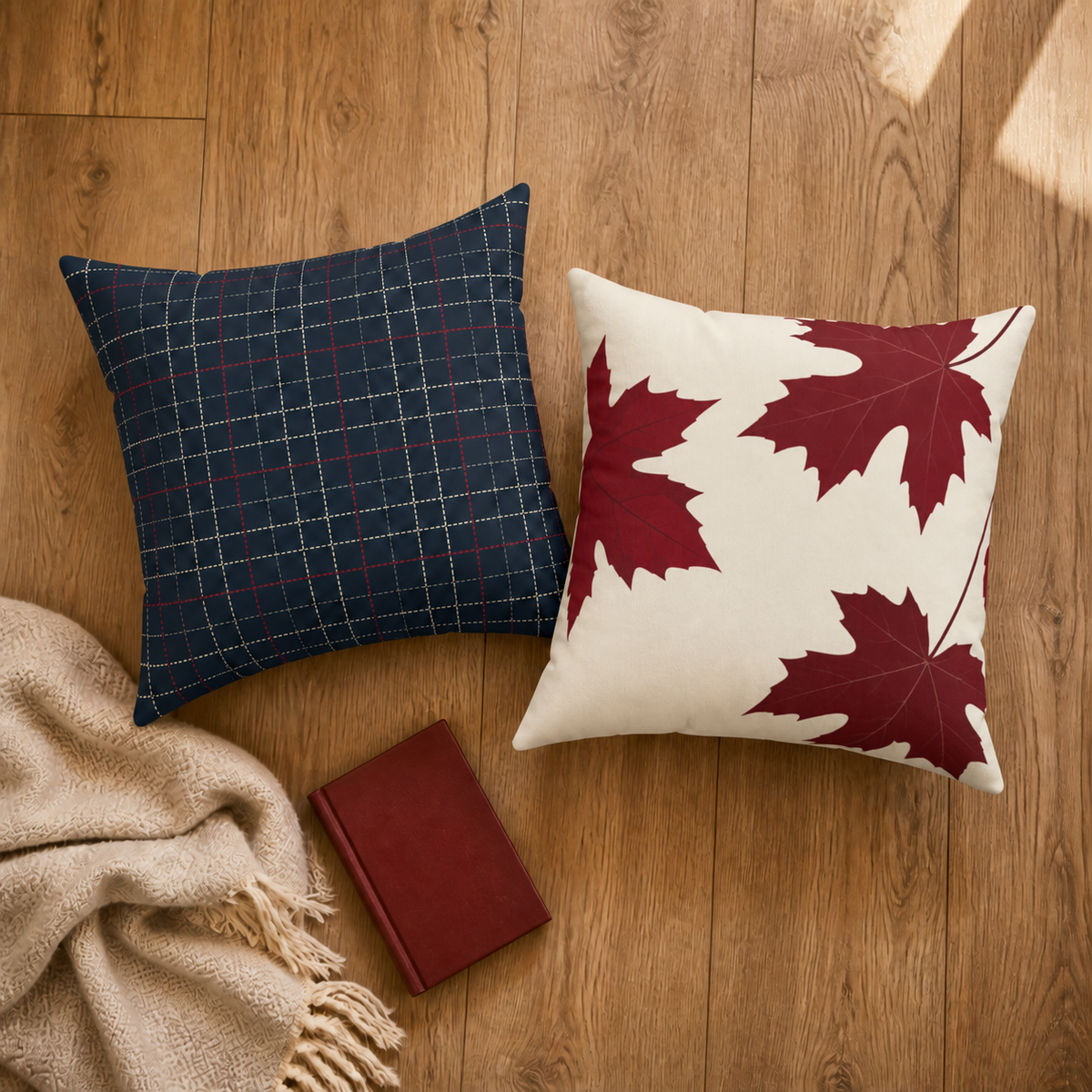 Navy Plaid and Autumn Leaves Reversible Throw Pillow