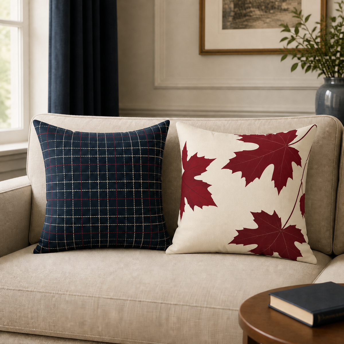 Navy Plaid and Autumn Leaves Reversible Throw Pillow