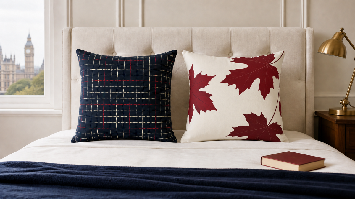 Navy Plaid and Autumn Leaves Reversible Throw Pillow