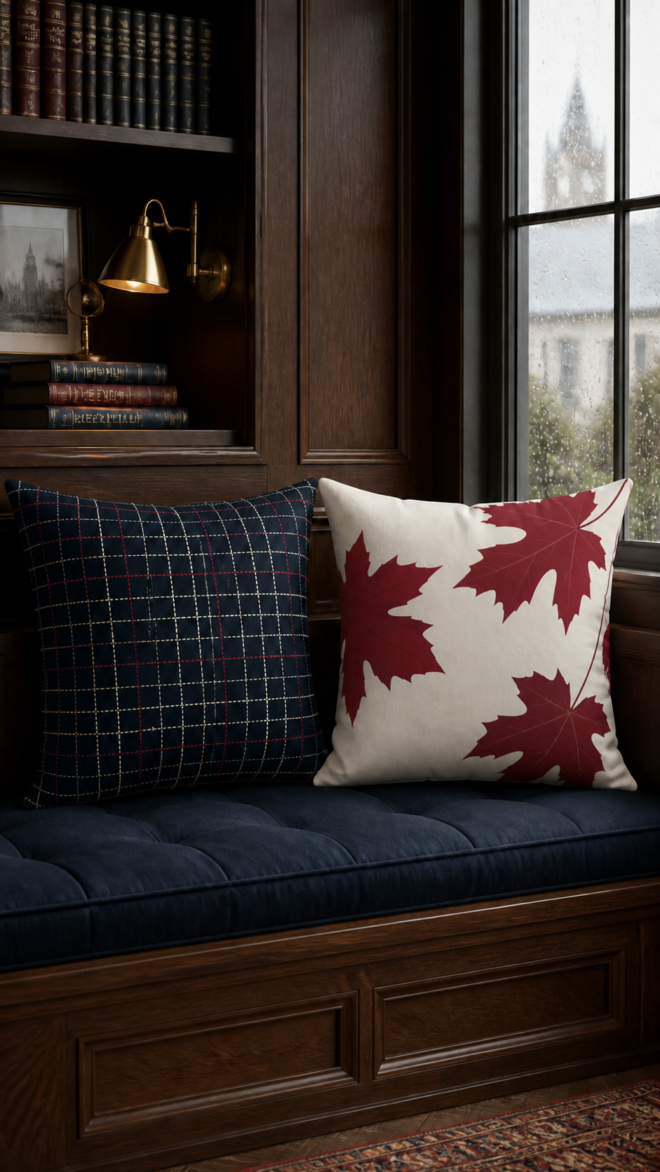 Navy Plaid and Autumn Leaves Reversible Throw Pillow