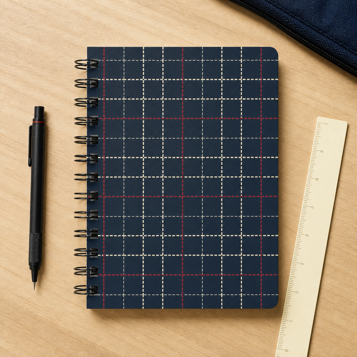 Navy Plaid Pattern Spiral Bound Travel Journal