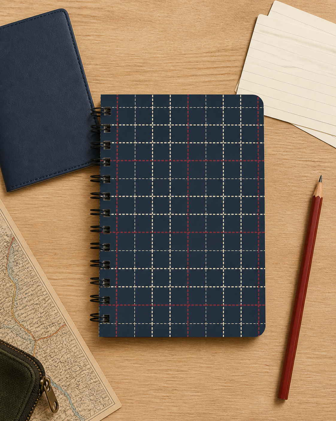 Navy Plaid Pattern Spiral Bound Travel Journal