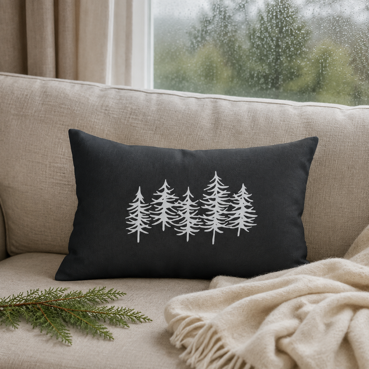 Grey Pine Tree Lumbar Pillow