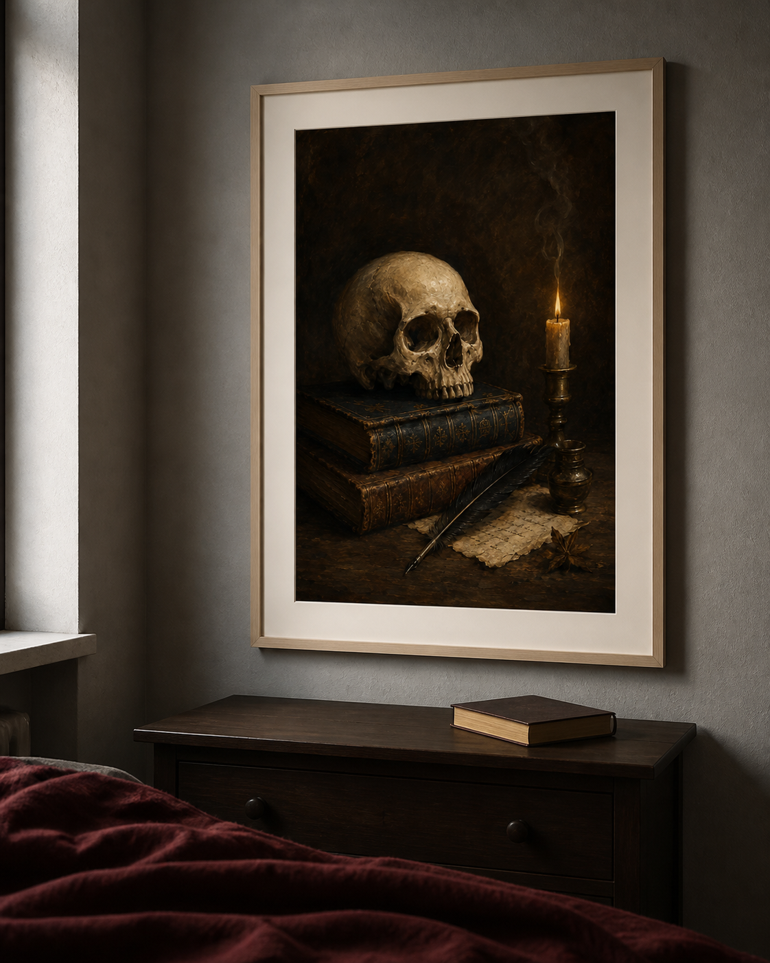 Skull and Books Art Print, The Poet's Study, Dark Academia Library Wall Decor, Gothic Still Life Poster