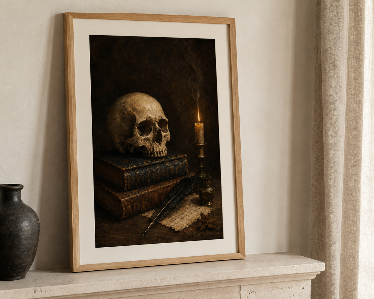 Skull and Books Art Print, The Poet's Study, Dark Academia Library Wall Decor, Gothic Still Life Poster