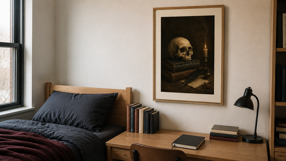 Skull and Books Art Print, The Poet's Study, Dark Academia Library Wall Decor, Gothic Still Life Poster