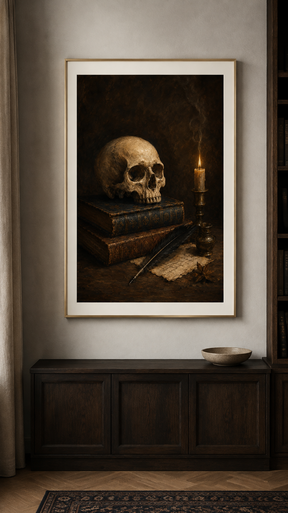 Skull and Books Art Print, The Poet's Study, Dark Academia Library Wall Decor, Gothic Still Life Poster