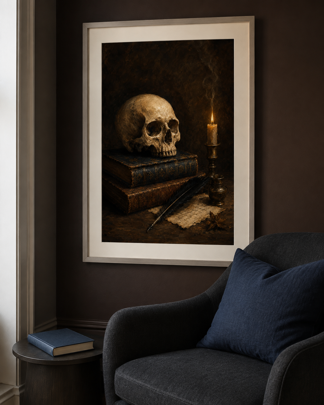 Skull and Books Art Print, The Poet's Study, Dark Academia Library Wall Decor, Gothic Still Life Poster