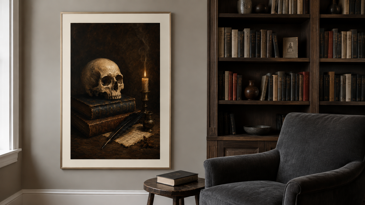 Skull and Books Art Print, The Poet's Study, Dark Academia Library Wall Decor, Gothic Still Life Poster