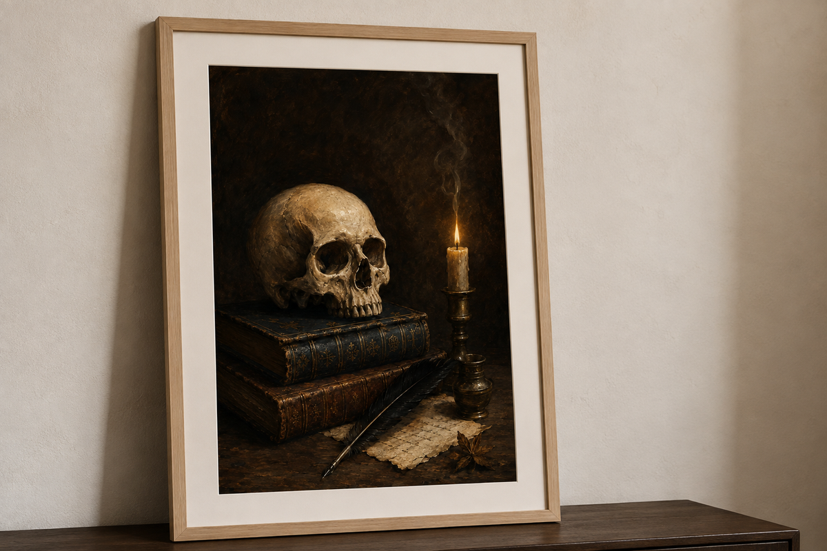 Skull and Books Art Print, The Poet's Study, Dark Academia Library Wall Decor, Gothic Still Life Poster