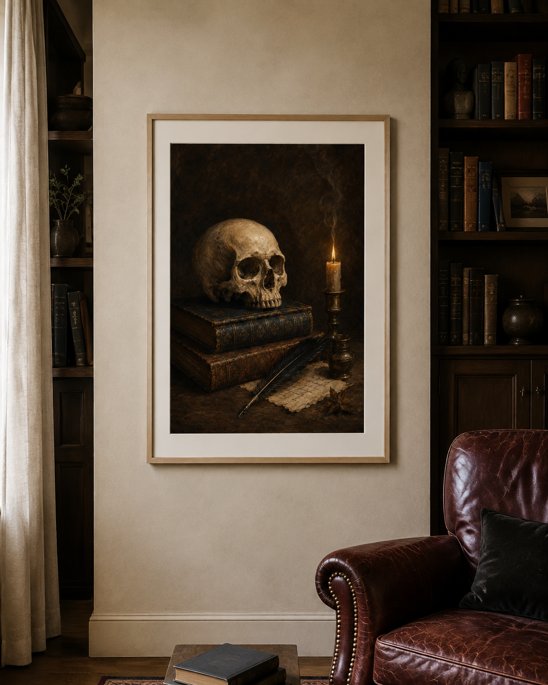 Skull and Books Art Print, The Poet's Study, Dark Academia Library Wall Decor, Gothic Still Life Poster