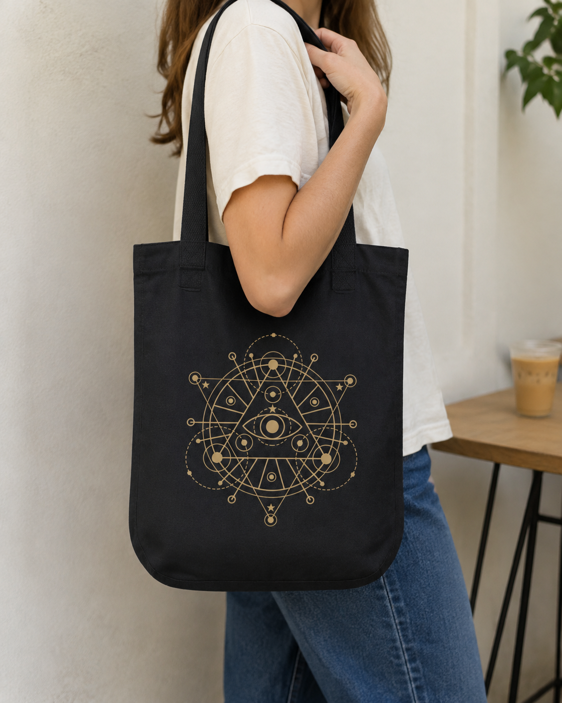 Alchemy Tote Bag in Black or Navy, Gold Celestial Eye and Stars, Witchy Dark Academia Book Bag, Tarot Lover Gift