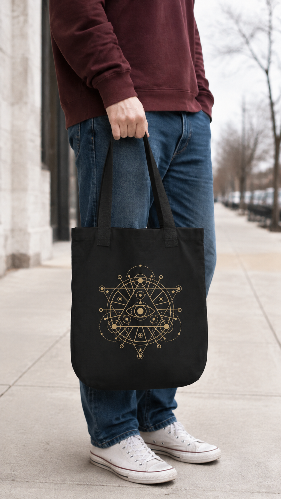 Alchemy Tote Bag in Black or Navy, Gold Celestial Eye and Stars, Witchy Dark Academia Book Bag, Tarot Lover Gift