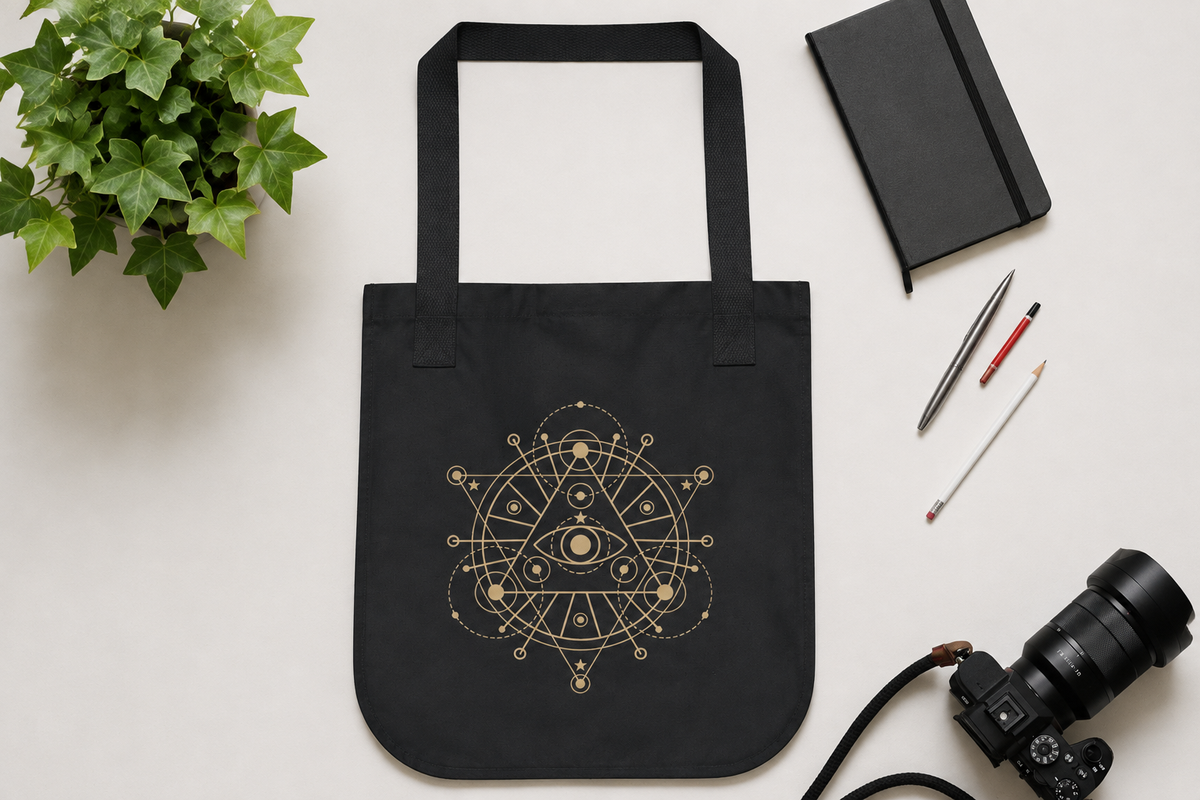Alchemy Tote Bag in Black or Navy, Gold Celestial Eye and Stars, Witchy Dark Academia Book Bag, Tarot Lover Gift