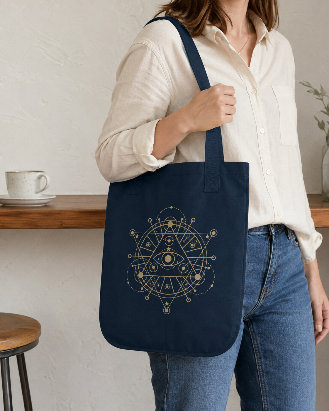 Alchemy Tote Bag in Black or Navy, Gold Celestial Eye and Stars, Witchy Dark Academia Book Bag, Tarot Lover Gift