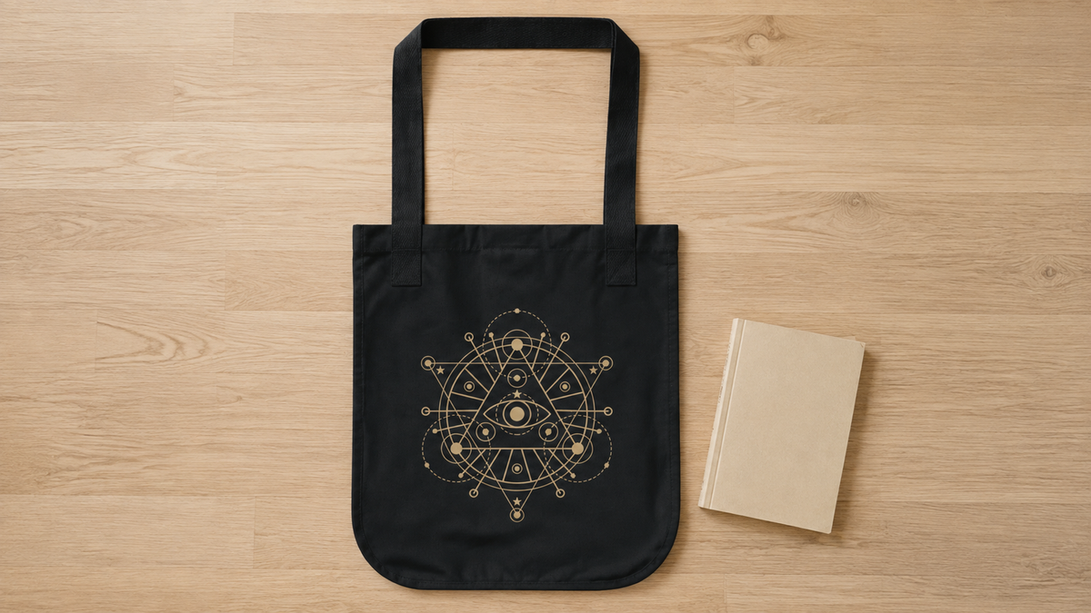 Alchemy Tote Bag in Black or Navy, Gold Celestial Eye and Stars, Witchy Dark Academia Book Bag, Tarot Lover Gift