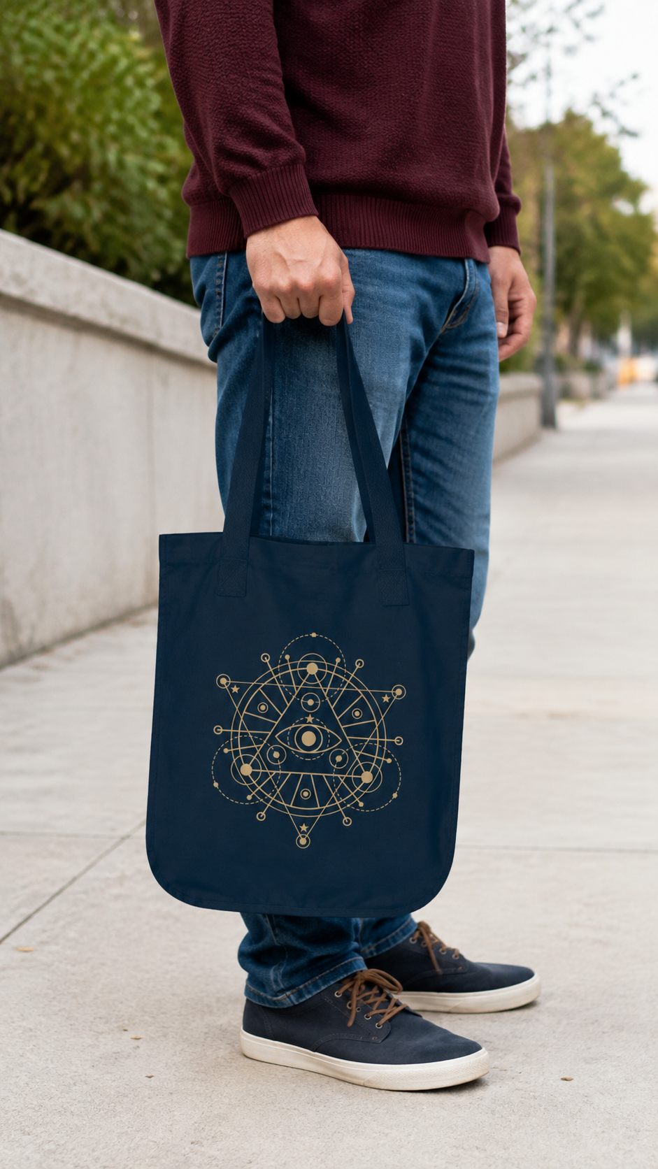 Alchemy Tote Bag in Black or Navy, Gold Celestial Eye and Stars, Witchy Dark Academia Book Bag, Tarot Lover Gift