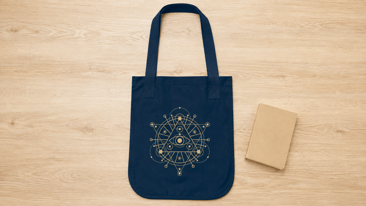 Alchemy Tote Bag in Black or Navy, Gold Celestial Eye and Stars, Witchy Dark Academia Book Bag, Tarot Lover Gift