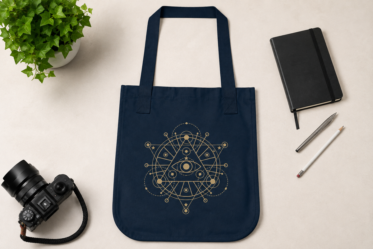 Alchemy Tote Bag in Black or Navy, Gold Celestial Eye and Stars, Witchy Dark Academia Book Bag, Tarot Lover Gift