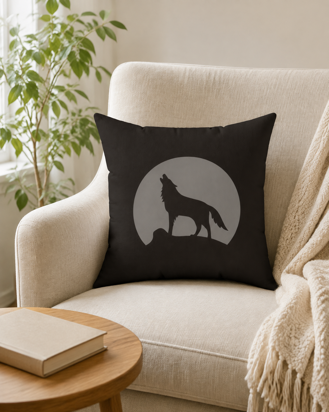 Howling Wolf Throw Pillow, Black and Grey Moon Cushion, Dark Academia Reading Nook Decor