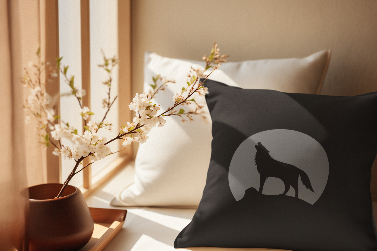 Howling Wolf Throw Pillow, Black and Grey Moon Cushion, Dark Academia Reading Nook Decor