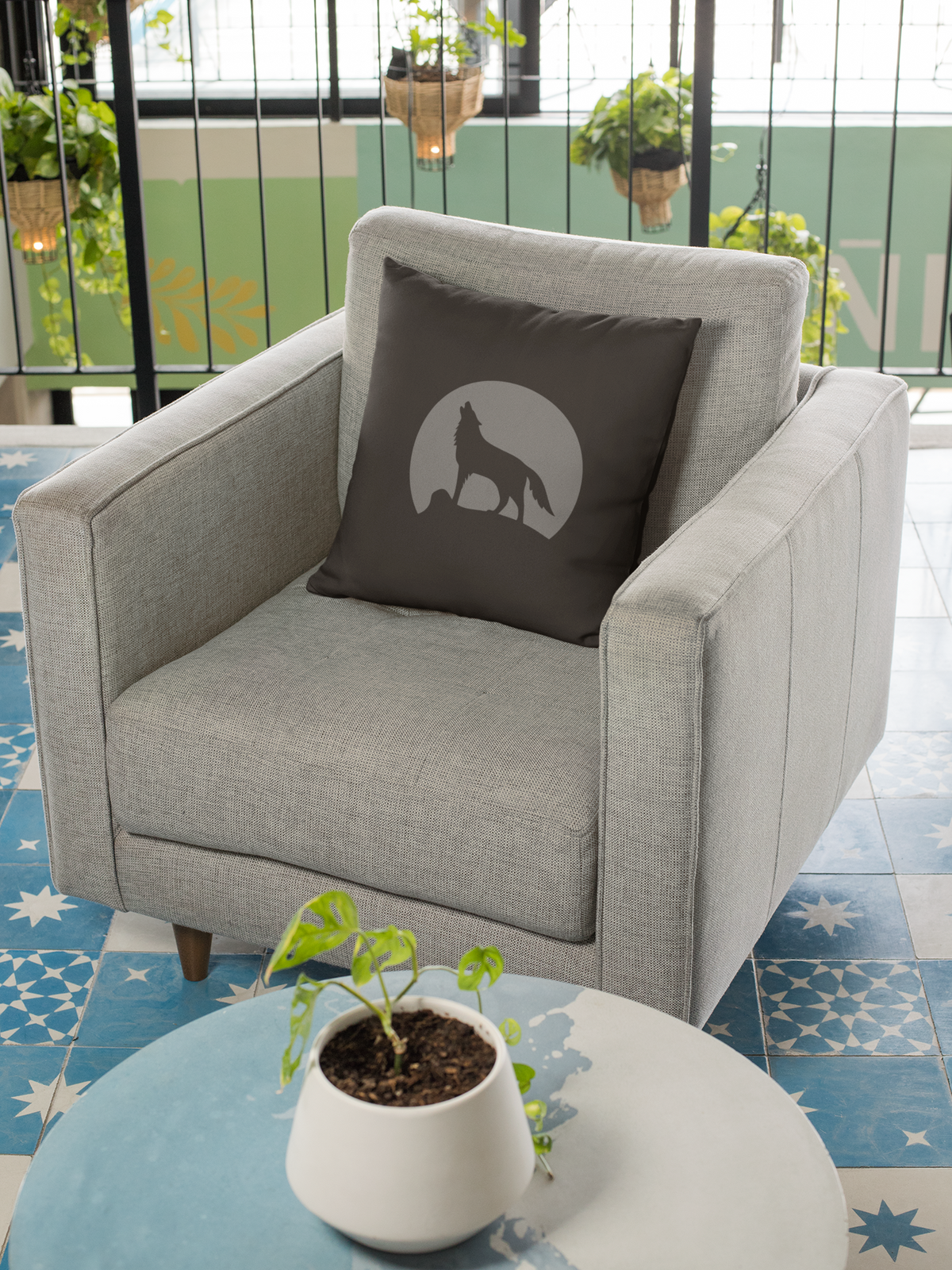 Howling Wolf Throw Pillow, Black and Grey Moon Cushion, Dark Academia Reading Nook Decor