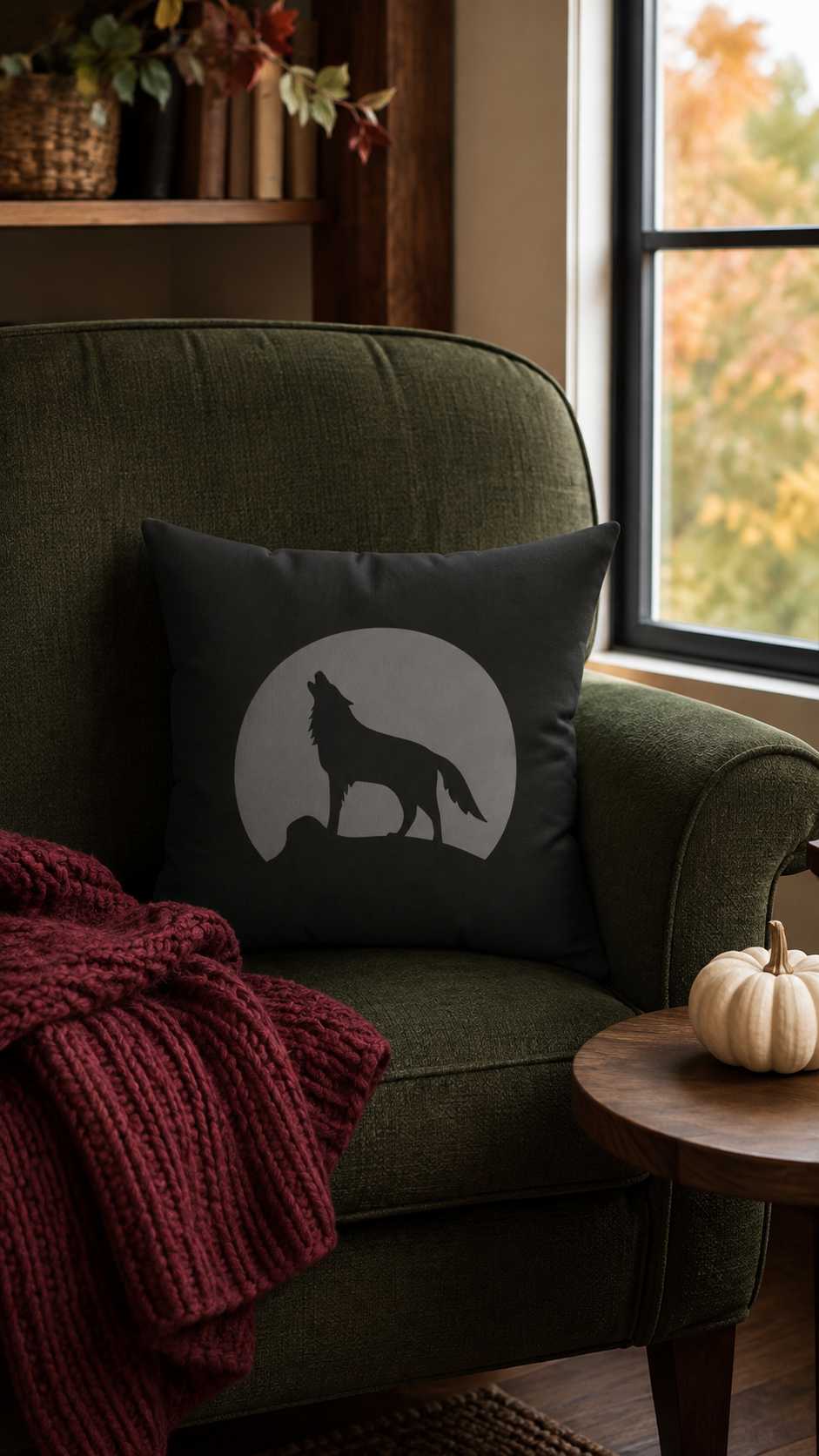 Howling Wolf Throw Pillow, Black and Grey Moon Cushion, Dark Academia Reading Nook Decor